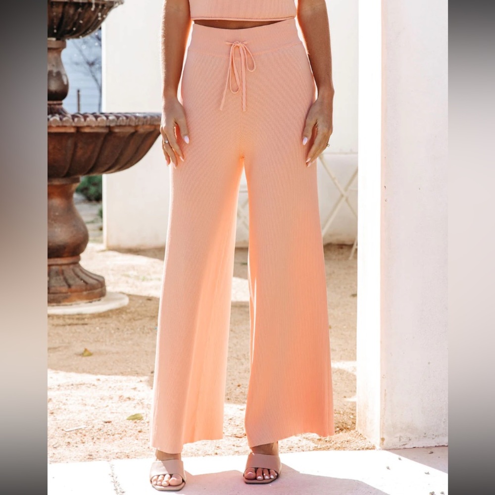 VICI Effortlessly Chic Ribbed Drawstring Wide Leg Pants — Peach — NEW WITH TAGS